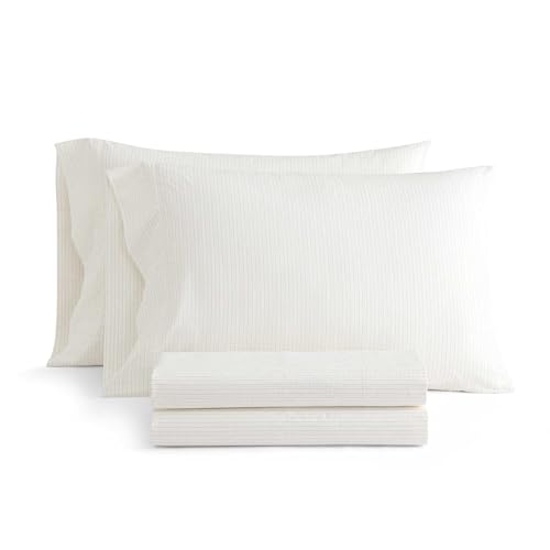 Image of Martha Stewart - Queen Size Sheet Set, Crisp & Tailored Bedding with a Smooth Cotton Percale Feel, Deep Pocket, Bed Sheets with Matching Pillowcases & Fitted Sheet (Dotted Stripe Yellow)