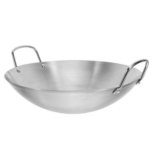 LALAFINA Wok de Acero Inoxidable Fondo Redondo 28 Cm, Sartén para Saltear Doble Mango, Práctica Sartén de Cocina para Hogar y Cocina Gas, Wok Grande Resistente y Fácil de Limpiar
