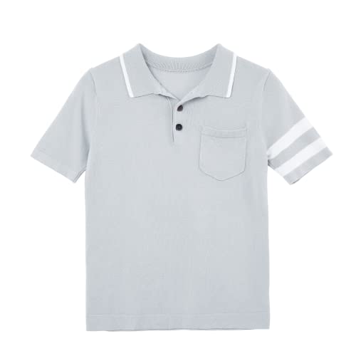 Boys Short Sleeve Knit Polo Shirts Kids School Uniform Casual Striped Polo T-Shirts 5-14 Years Grey #TOP26