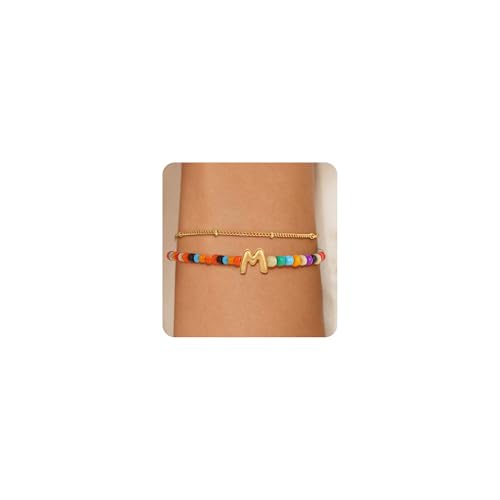 Image of Eaciy Colorful Initial Bracelets for Women Girls - 14K Gold Plated Initial Letter Daint A-Z Charm Bracelet Summer Jewelry Teen Girl Gifts for Teen Kids