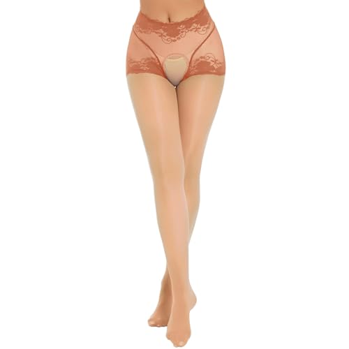 Image of Women Nylon Opaque Tights Oil Shiny Sheer See Through High Waist Hollow Out Pantyhose