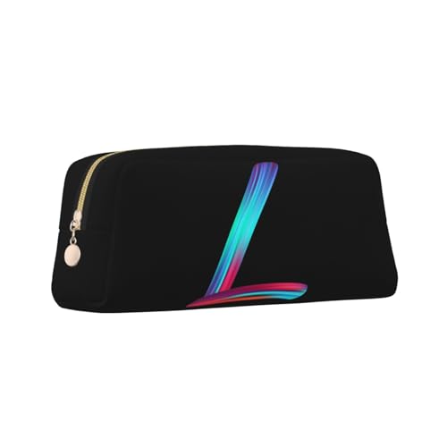 Image of Cute Initial Pencil Case for Kids Simple Leather Pencil Pouch for Boys Girls Letter Design Pencil Box Pen Bag Pencil Pouch Office Stationery Organizer, Rainbow Letter L