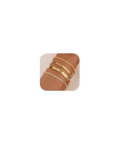 Gold Bracelets for Women 14K Gold Plated Stack Trend Bracelets Charm Paperclip Chain Cuban Link Layered Waterproof Bracelet Dainty Bracelet for Women Jewelry Gifts
