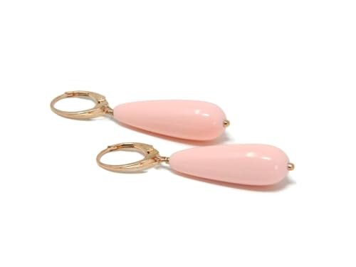 Orecchini pendenti artigianali DodiGioielli in pasta di corallo rosa chiaro – Goccia liscia 10x30 mm, argento 925 placcato oro rosa, Made in Italy, nickel-free