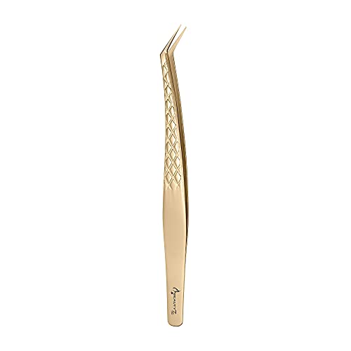 Beauty7 Pinzas Profesionales Extensiones de Pestañas de Acero Inoxidable Pinzas Pestañas Punta Curva Pinzas de Precisión con Estuche Color Dorado Usos Múltiples Cover