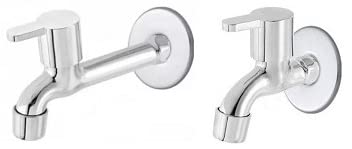 Spazio Stainless Steel Fusion Bib Cock with Long Body Combo Pack Foam Flow Water Taps with Wall Flange (Pack of 2) (Chrome Plated, Brass Disc)