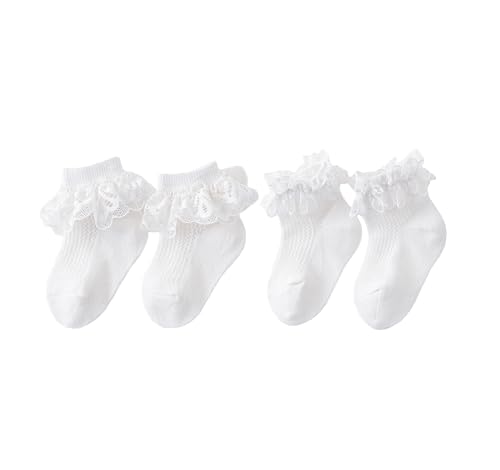 LDDCX 2Pairs Girls Mesh Ruffle Lace Trim White Cotton Socks Frilly Ankle Socks Princess Style Dress Socks.(WZ12) (1-2 Years, White)
