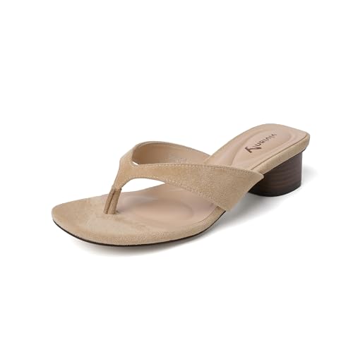 Image of vivianly Women's Suede Low Chunky Block Heel Flip Flops Square Toe Thong Heeled Sandals Casual Slip On Mules for Work Beach Casual Outings