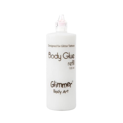 Glimmer Body Art Glue Bundle: (1) XL 135 mL Body Glue Refill & (1) Mini 10 mL Travel Tattoo Skin Glue for Body Art & Tattoos
