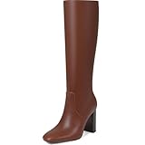 Tarkwa Knee High Boots for Women, Chunky Heel Faux Leather Boots Women's Comfortable Square Toe Shoes Long Tall Boots Dress/Casual Boot with Side Zipper,Brown Size 7