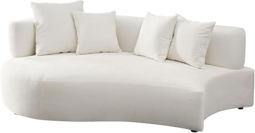 Image of Modern Curved White Sofa Couch with Plush Pillows - 4 Seater Upholstered Living Room Sofa | Contemporary Minimalist Design for Home, Office & Lounge.