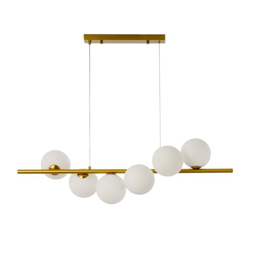 Lampadario Moderno a Sospensione, 6 Sfere Bianco Opaco, Barra Lineare Oro, Illuminazione per Sala da Pranzo cucina isola