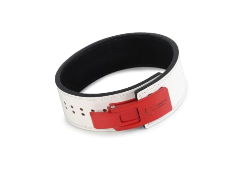 Image of 10MM Lever Gym Belt for Men & Women | 100% Full Grain Genuine Leather Powerlifting Belt | IPF Standard Weight Lifting Belt | Red Buckle with White Belt - Size L