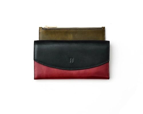 Handcrafted Full-Grain Leather Women’s Wallet, RFID Blocking, 12 Card Slots, 3 Compartments, Removable Zipper Coin Pouch, Gift Box & Pouch, Christmas & Birthday, Black-Burgundy