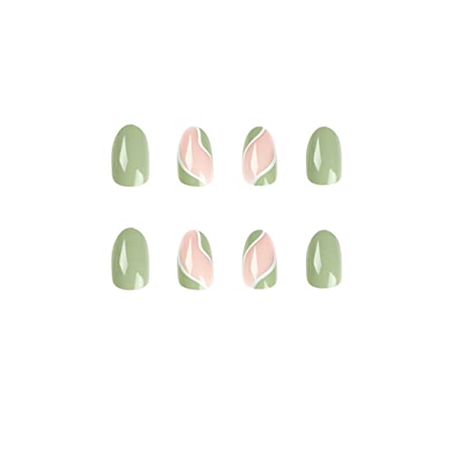 Sixdian Green Press On Nails Short Almond Fake Nails With Design, Glue On Nails Full Cover Glossy Acrylic False Nails, French Green Almond Nail Tips Stick On Fasle Nails For Women And Girls (E Style) #TOP4