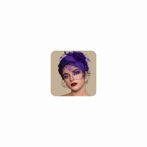 Masedy Fascinators Hats for Women Tea Party Hat Feather Mesh Headband Vintage Hat Lace Headwear Veil Hair Clip Church Purple