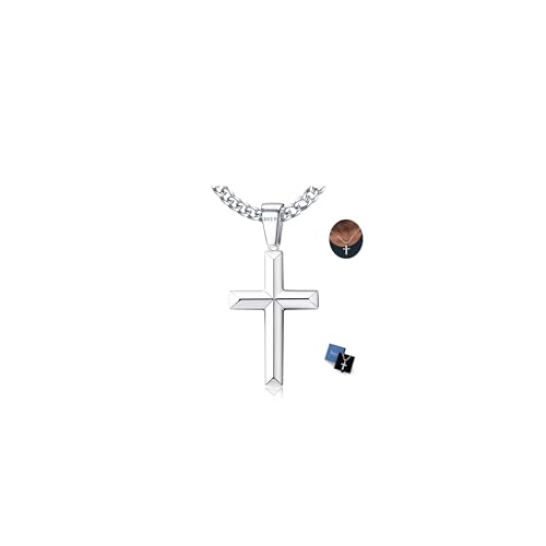 Fansilver 925 Sterling Silver Cross Pendant Necklace Diamond-Cut Cuban Link Chain Necklace Highly Polished Beveled Edge Cross Chain Necklace Silver Cross Necklace for Men Women 18-30 Inches