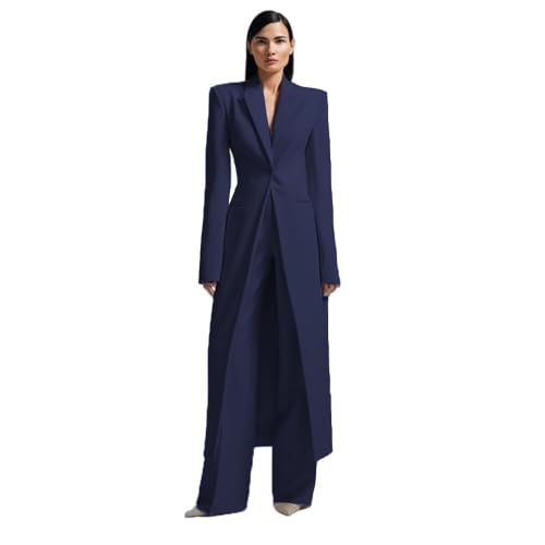 HZUOU Fashion Womens Suits Two Piece Long Blazer Outfits Long Sleeve Slim Fit Jacket with Pants Suit Set for Work Size XXL Navy Blue