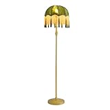 WELAISA Vintage Floor Lamp with Green Tasseled Shade, Gold Stand, Retro Style Living Room Lighting