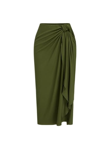 CIDER Womens Tie Front Midi Going Out Skirt Ribbed Casual Trendy Skirts Green