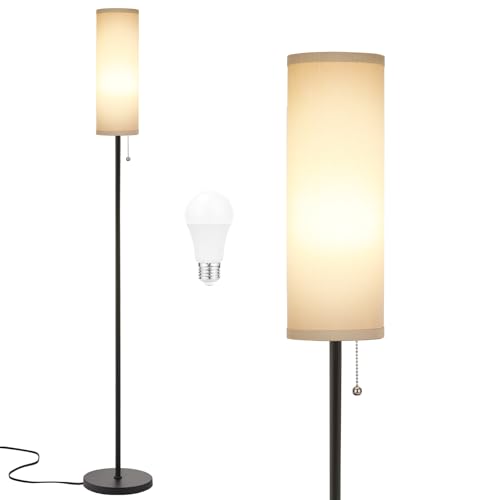 Image of Ambimall Floor Lamp for Living Room with 3 Color Temperatures Bulb, 64" Standing lamp with Linen lampshade for Bedroom, Minimalist Pole Lamp, Grey Shade & Black Pole