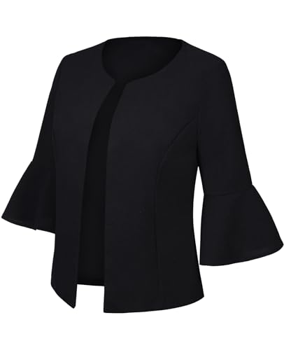 Cropped Blazers for Women Casual Elegant Open Front Collarless Blazer Flared 3/4 Sleeve Cardigan Suit Jacket2