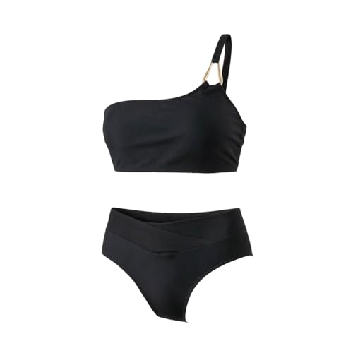 Damen- Badeanzug, 2- teilig, Bikini mit einer Schulter mit Metallring, Bademode, zweiteilig, Damen, Bauchweg- Bikini, sexy, für Strand, Urlaub, Sommer, Schwarz 124, XL-4