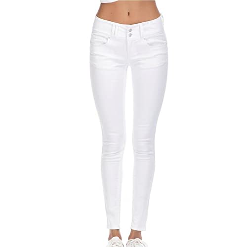 Women's Mid Rise Skinny Pencil Jeans Casual Slim Fit Butt Lift Denim Pants 2 Button Washed Stretch Jean Trousers (White,X-Large)