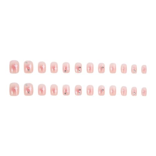 UñAs Postizas Uñas postizas color nude, uñas con degradado rosa, diseños de estrellas, puntas for, for mujeres y niñas
