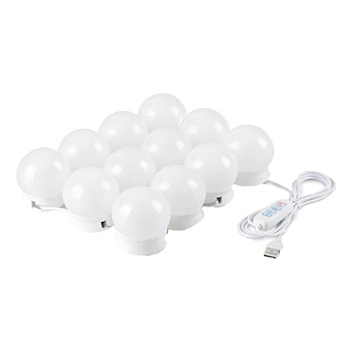 Laamiasm Paquete de 12 luces de espejo USB adhesivas de 5 mm, 3 temperaturas de color y 10 regulables, sin parpadeo, fácil de instalar, sin herramientas, cable giratorio, para tocador de maquillaje