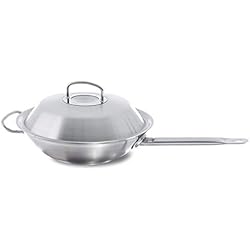Wok De Metal Fissler Original-Profi Collection Wok de acero inoxidable, 30 cm de diámetro, sin revestimiento, con tapa de metal, wok con mango, sartén asiática, para todo tipo de placas, también inducción