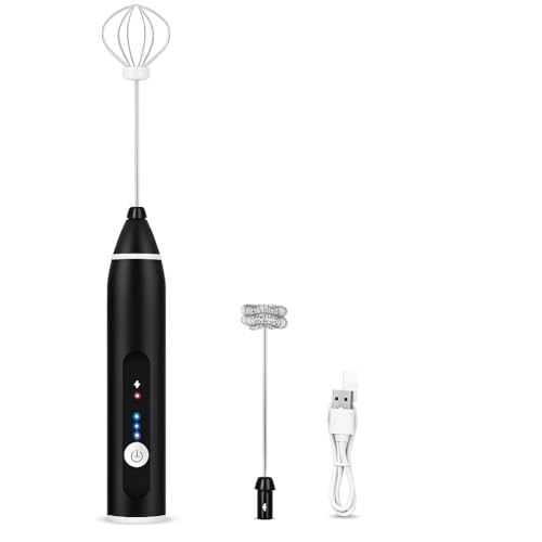 DCTIMES Milk Frother, USB Rechargeable, 3-Speed Adjustable, Handheld Electric Foam Maker with 2...