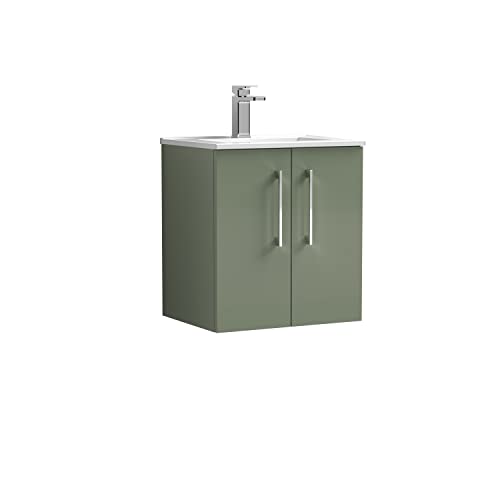 nuie ARN821B Arno Modern Bathroom Wall Hung 2 Door Vanity Unit with Minimalist Ceramic Basin, Satin Green