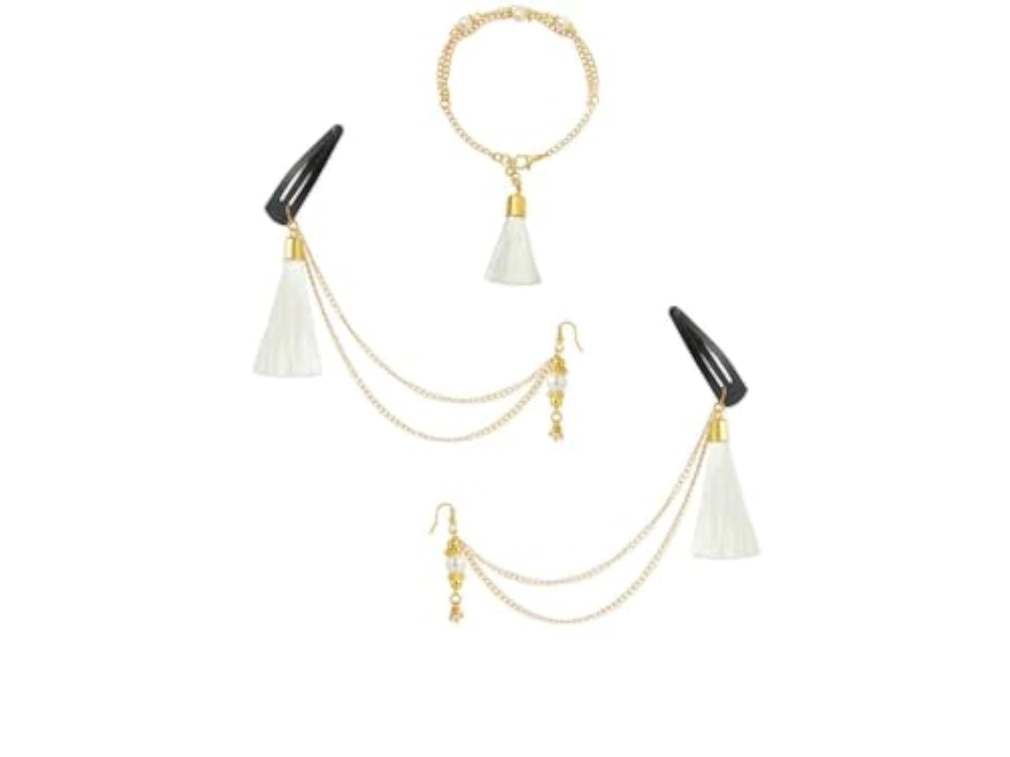 3pc Festive Set of Light Blue Beaded Tassel Earrings & Bracelet