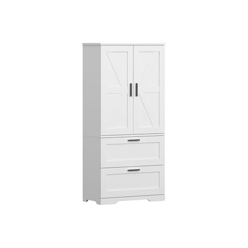 2 Doors & 2 Drawers Storage Cabinet Wooden Kitchen Cupboard Collection Food Pantry Cabinet with 2 Adjustable Shelves Freestanding Sideboard Organizer Unit for Dining Living Room (White)