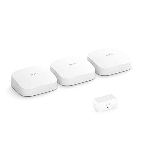 Certified Refurbished Amazon eero Pro 6 tri-band mesh Wi-Fi 6 4-PC system with built-in Zigbee smart home hub (3 routers + 1 Amazon smart plug)