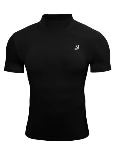 Roadbox Mens Compression Shirt Mock Turtleneck Athletic Undershirt Short Sleeve Cool Dry T Shirts for Gym Workout Sports Black