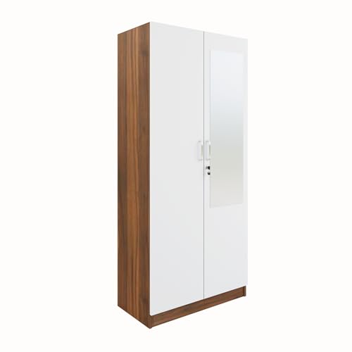 Image of VIKI Wardrobe | Batanes Wardrobe | Wooden Almirah for 2 Door Wardrobe with 2 Shelves & Hanging Space with Mirror (Walnut|White - 40D x 80W x 180.8H) | 1 Year Warranty | Free Assembly