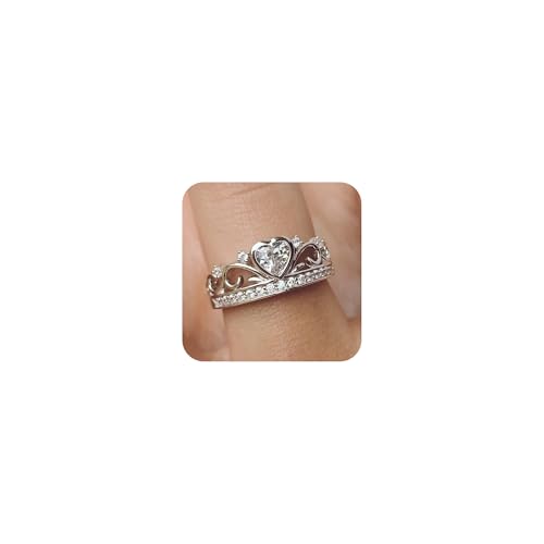 Princess Queen Crown Ring 925 Sterling Silver Shiny Eternity Heart-Shaped Cubic Zirconia Crystal Diamond Promise Ring Zircon Jewelry for Women (Size 8)