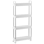 4-Tier Slim Storage Trolley Slide Out Rolling Utility Shelf Rack Storage Cart on Wheels Mobile Shelving Space Organizer for Kitchen/Bathroom/Laundry Room/Office,Plastic & Stainless Steel (White S)
