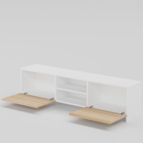 Image of Modern Living Room TV Stand with Open Display Compartment, Dual Side Storage Units, and Clean Contemporary Design for Home Decor | Assembly-DIY | Color-White & Asian Light