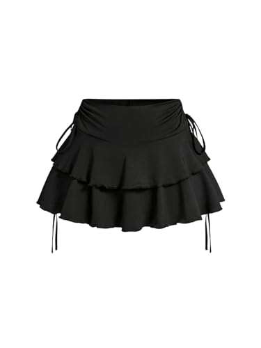 WDIRARA Women's Layered Ruffle Hem Mini Skirt High Waisted Stretchy Drawstring Skirts