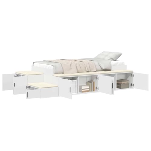 vidaXL Bett mit Stauraum Weiß 244 x 127 x 53.5 cm Holzwerkstoff, Modernes Schlafzimmer, rechteckiges Bett mit Regalen, platzsparendes Design für effizientes Wohnen