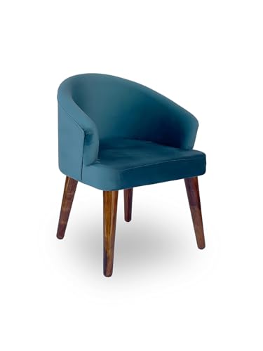 Image of CRAFT D ARTS Wooden Upholstered Dining Chair | Single Accent Chair for Living /Drawing Room, Bedroom & Office | Upholstery Barrel Arm Chairs with Velvet Fabric | Sheesham Wood Legs, Blue