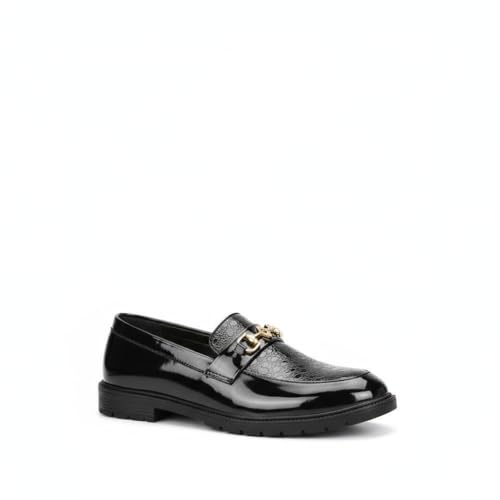 Image of Men's Black Leather Loafers with Golden Buckle - Elegant Slip-On Dress Shoes with Textured Upper & Comfort Sole for Formal & Casual Wear