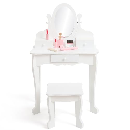 CherishCradle Coiffeuse avec Miroir et Tabouret Enfant, Table de Maquillage Princesse pour Filles de 4 à 9 Ans, Coiffeuse Bureau 2 en 1, Cadeau pour Petites...