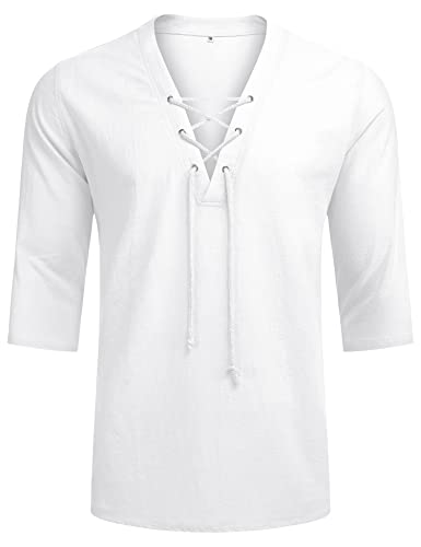 LecGee Men's Casual Cotton Linen Shirt Short Sleeve V Neck Lace Up Hippie Beach Tee Shirts Yoga Summer Top4