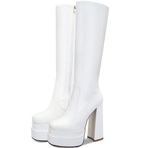 Sovanyou White Platform Boots For Women Stacked Go-Go Boot Chunky High Heeled Knee High Boots Square Toe Pu Leather Stretch Boot #TOP5