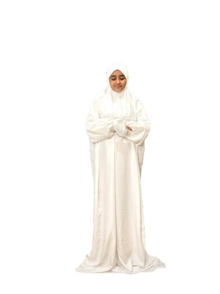 Islamic Prayer Dress for Women- Free Size, Muslim Dress with Hijab, Jilbab/Niskarakuppayam/Namaz Khimar/Prayer Clothes Niqab Khimar, Islamic Premium Prayer Clothes, White Lace color
