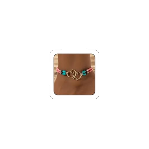 Image of Elastic Beaded Ankle Bracelets for Women Double Heart Layered Stretch Ankle Bracelets Waterproof Dainty Boho Beaded Anklets for Summer Beach Foot Jewelry